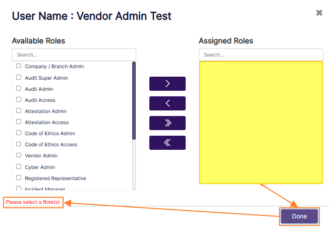Validation to select role(s) to assign to the user