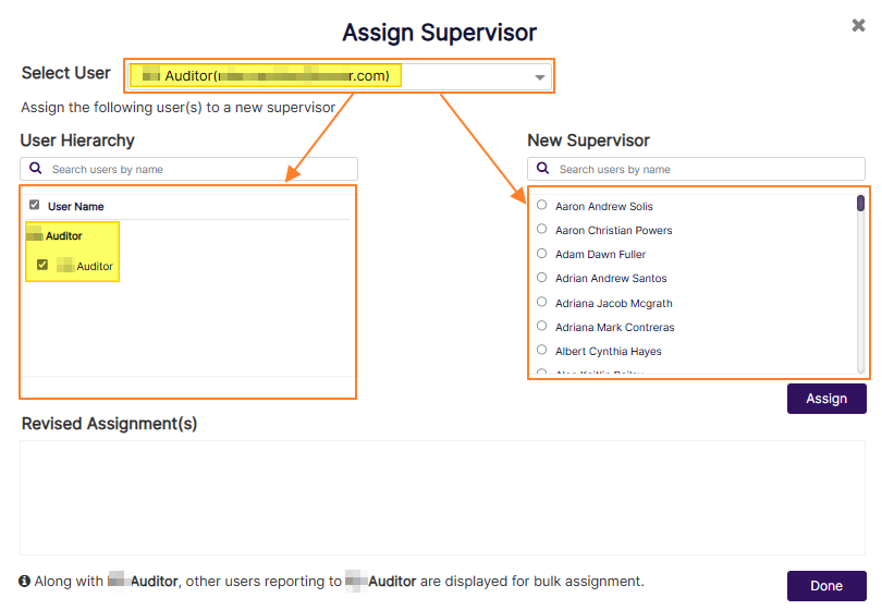 User selection populates the User Hierarchy and New Supervisor sections