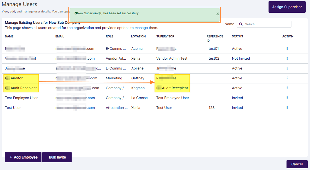 Success notification prompt and updated supervisors in grid view