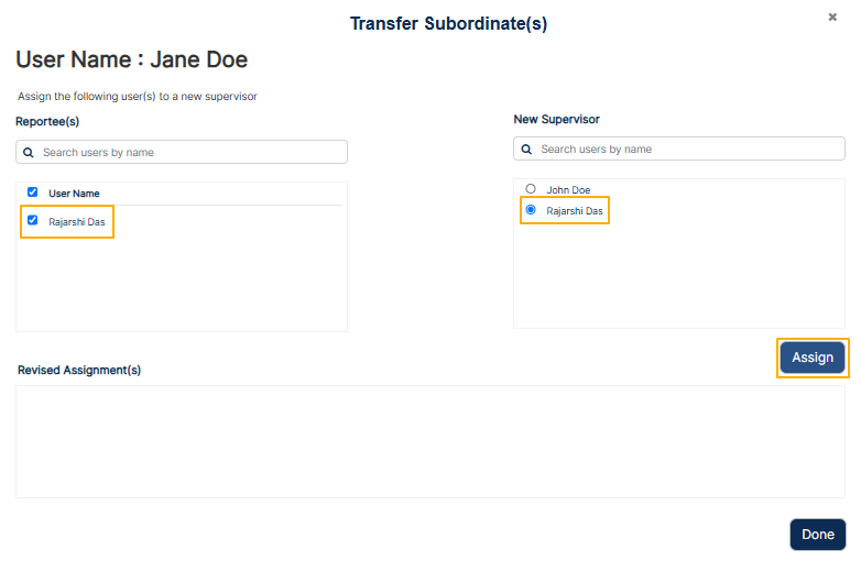 Assigning selected user with supervisor