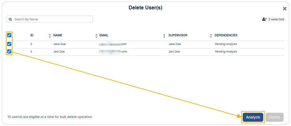 Selecting checkboxes and using the Analyze button
