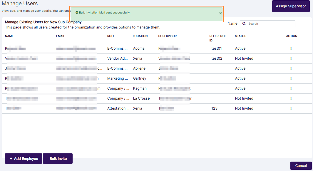 Bulk Invite success notification