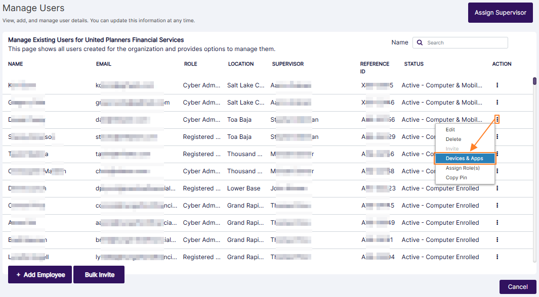 Devices & Apps option of the row context menu