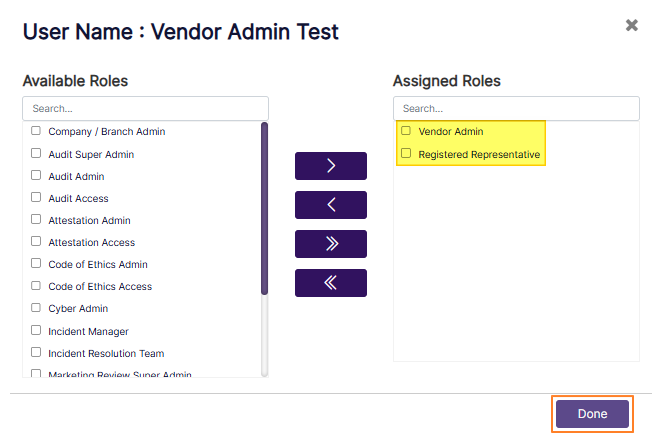 Button to confirm role(s) assignment to the user