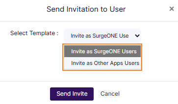 Dropdown options for inviting the user