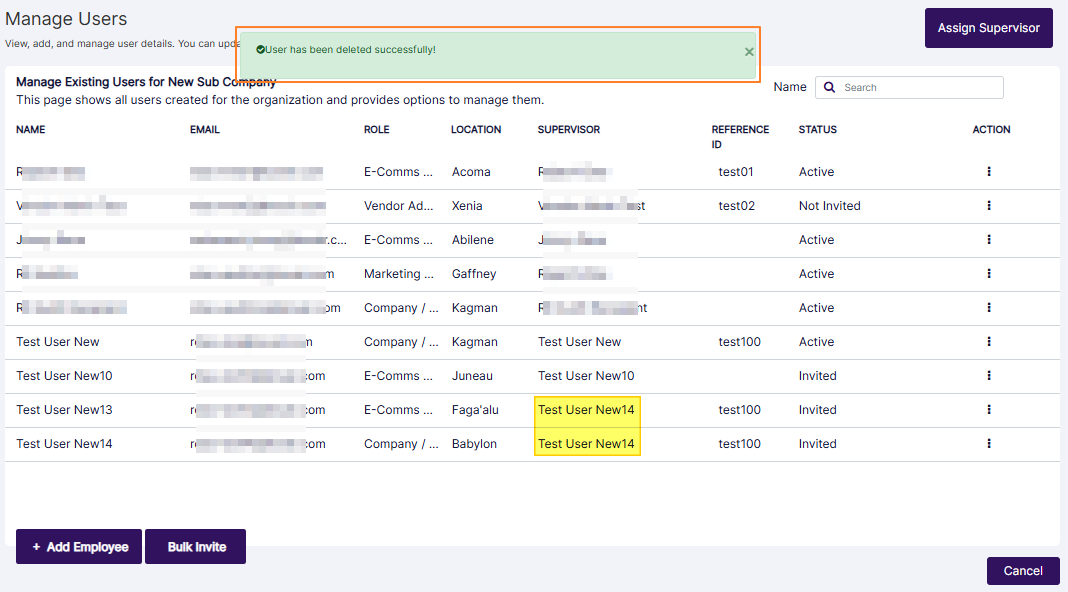 View of the success notification and the new supervisor assignments made