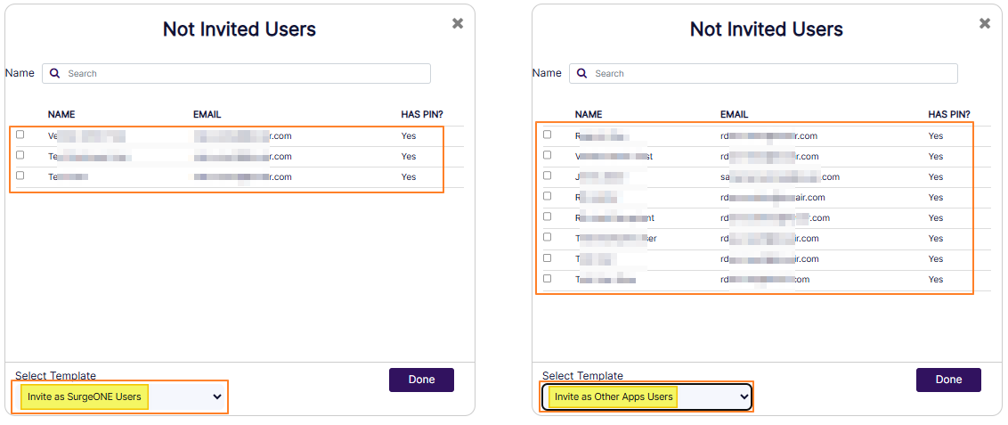 List of users varying on the basis of the Select Template option selection