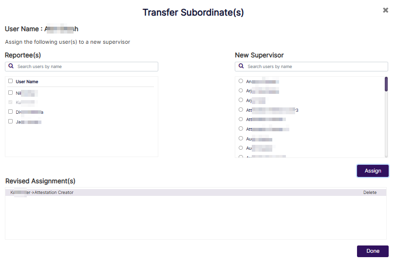 Transfer Subordinate(s) modal window showing a selected transfer prior to confirmation