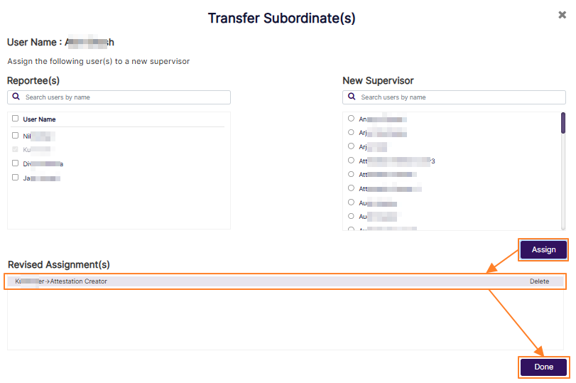 Assigning selected user with supervisor