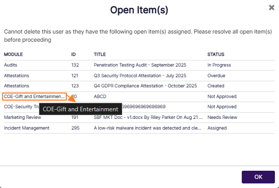Open Items(s) modal window row entry hover showing a tooltip of entire text present in the column