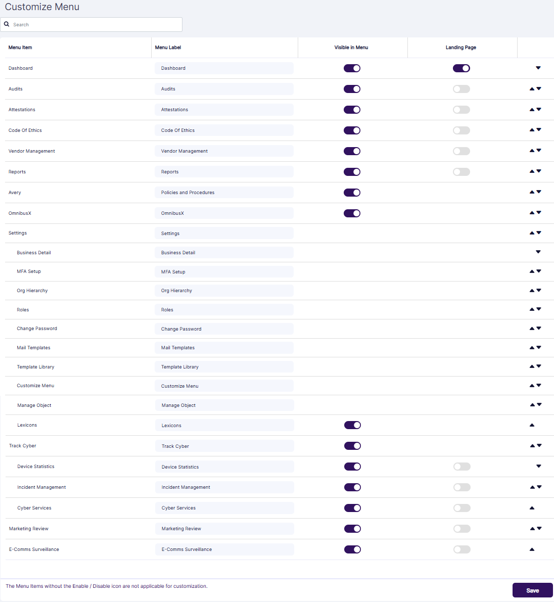 Customize Menu page view