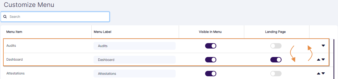 Modified menu items order