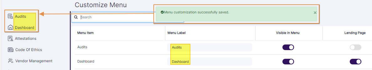Success notification prompted and menu items order updated on the left panel menu