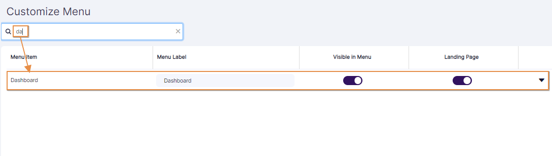 Using the search bar to find matching menu options