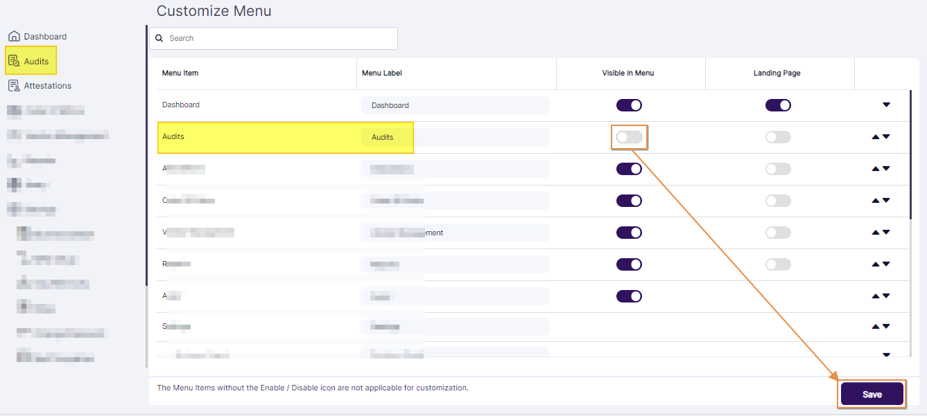 Enabled slider under the Visible in Menu column toggled to disabled state