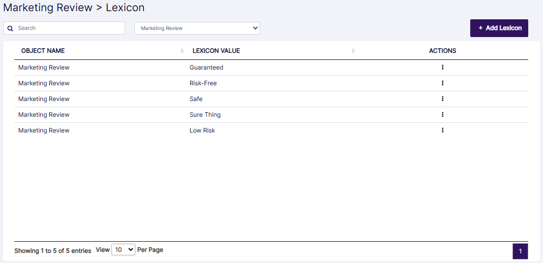 Lexicons page view on load