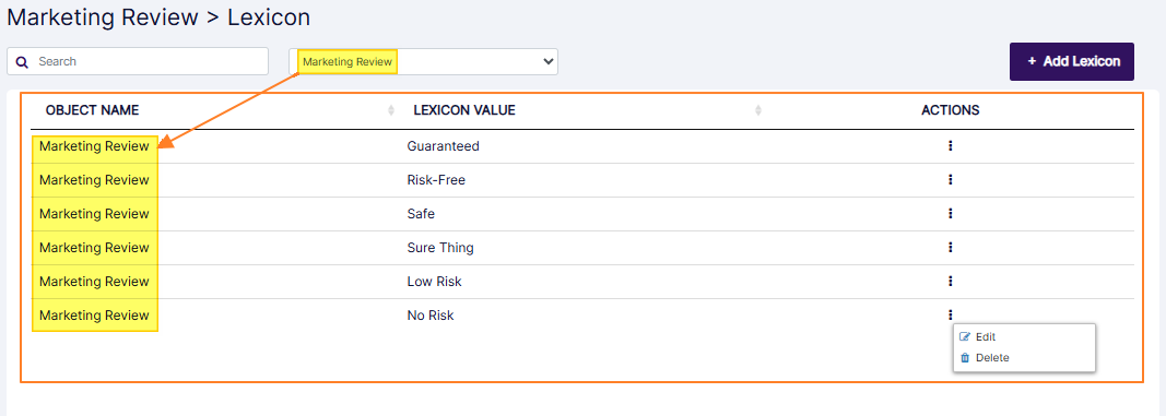 Marketing Review Lexicons grid view