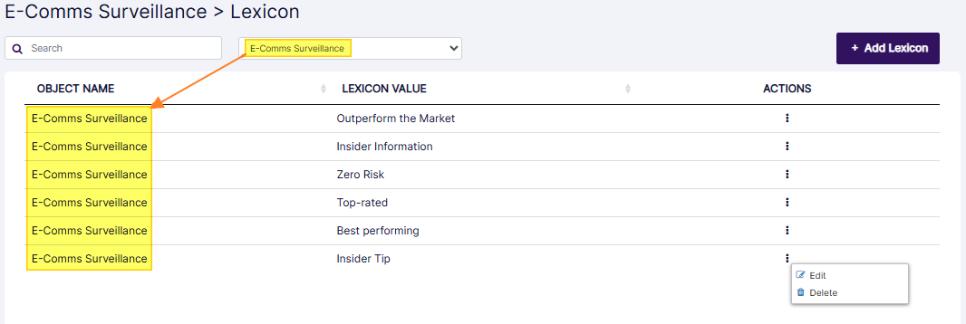 E-Comms Surveillance Lexicons grid view