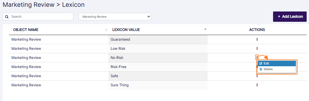 Edit option to edit Marketing Review lexicon
