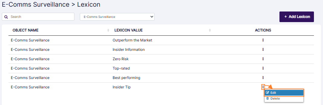 Edit option to edit E-Comms Surveillance lexicon