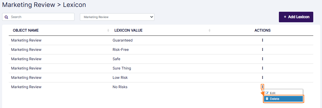 Delete option to delete Marketing Review lexicon