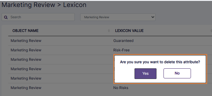 Marketing Review lexicon delete confirmation modal window