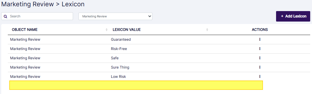 Deleted Marketing Review lexicon cannot be found in the grid