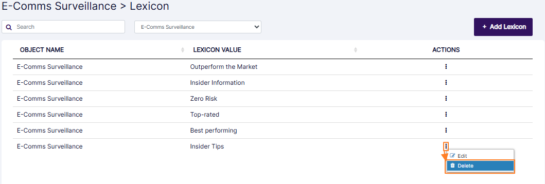 Delete option to delete E-Comms Surveillance lexicon