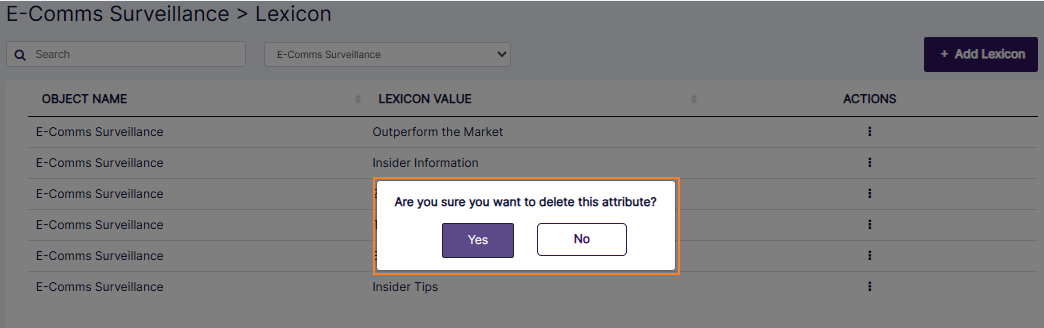 E-Comms Surveillance lexicon delete confirmation modal window