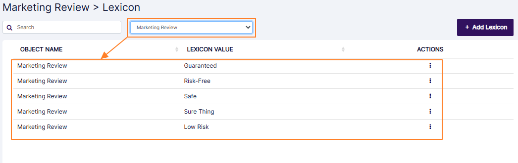 Marketing Review dropdown dropdown selection loads the associated lexicons