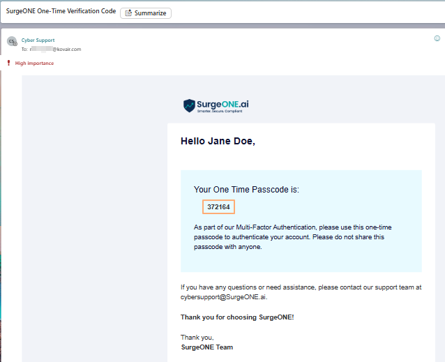 Email triggered with unique code for login authentication