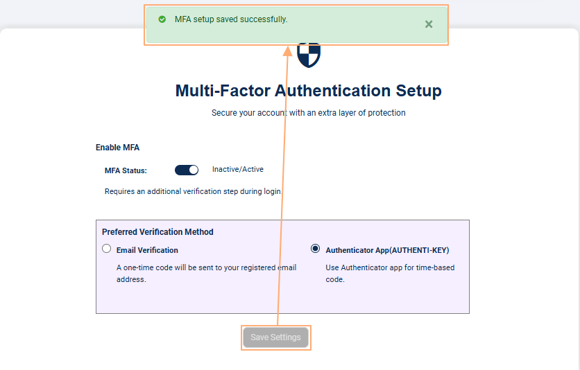 Success notification on MFA setup for own user account