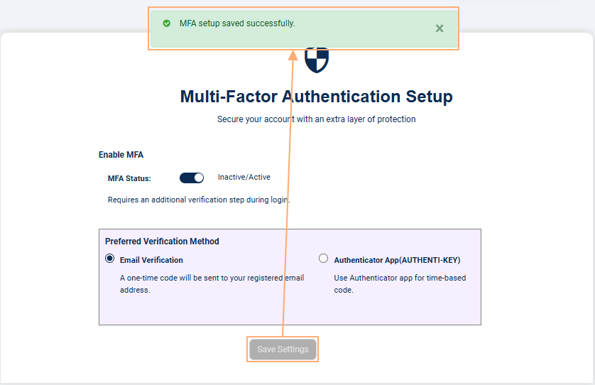 Success notification on MFA setup for own user account