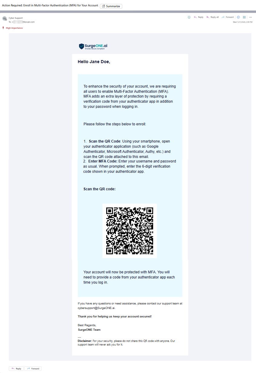 View of the triggered email with QR code