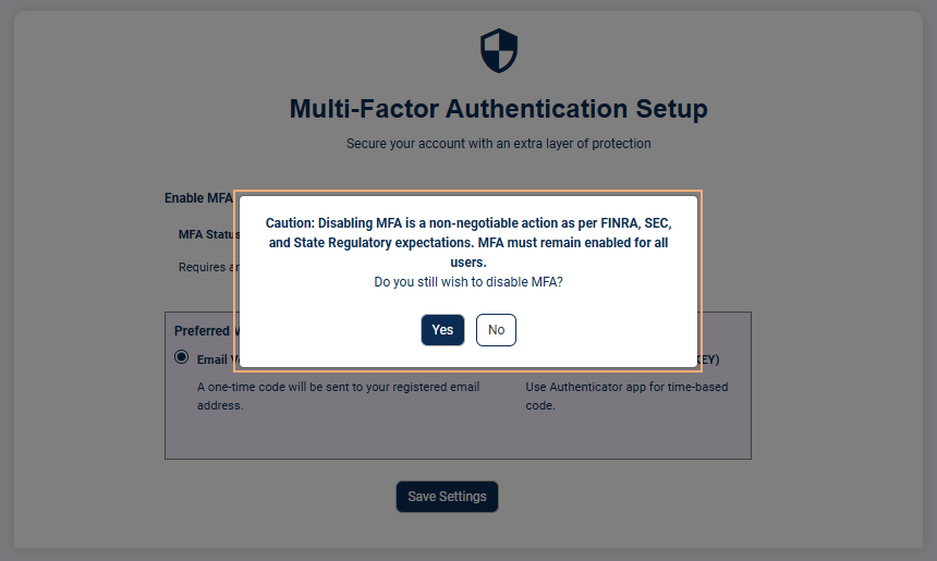 Modal window to disable MFA