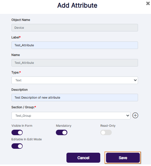 Saving details to create a new custom attribute
