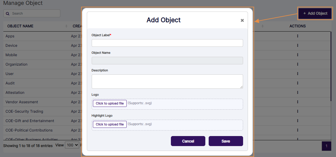 Add Object modal window