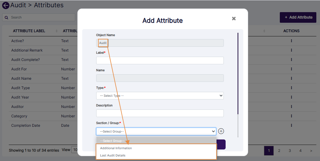 Option of the Section / Group dropdown differs on the basis of object