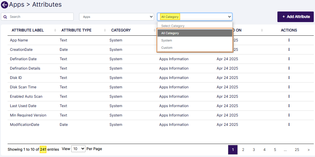 Category selection dropdown options