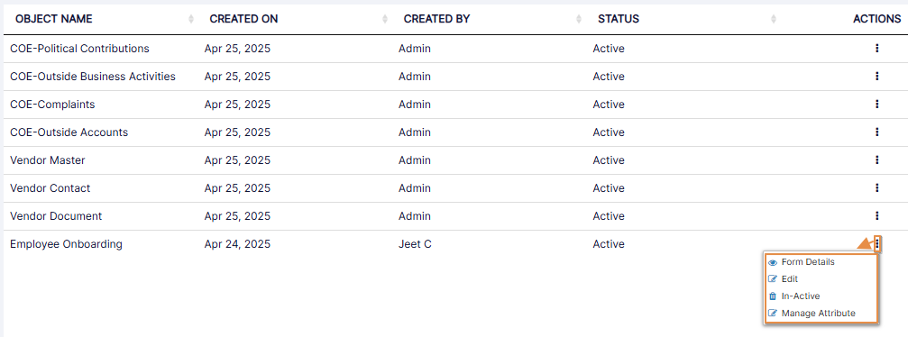 Menu options for custom objects