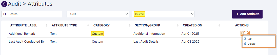 Menu options for custom objects