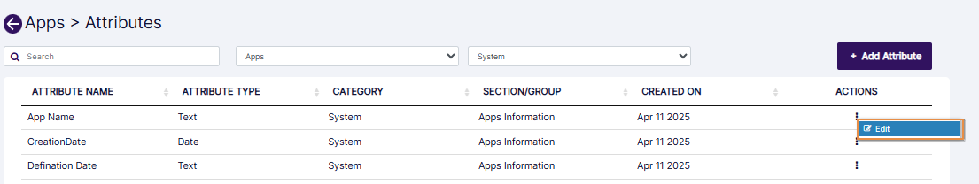 Edit option to edit system attribute
