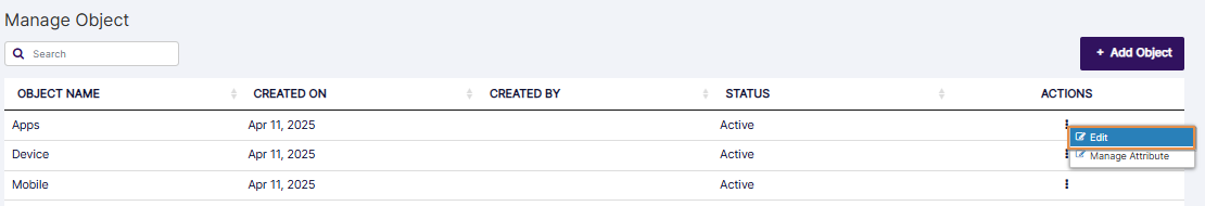 Edit option to edit object