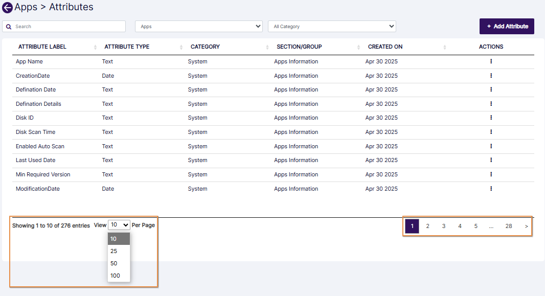 Manage Attributes pagination options