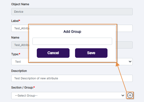 Clicking on Add icon to begin creating new section / group