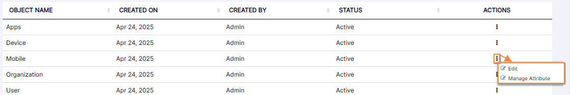 Menu options for system defined objects