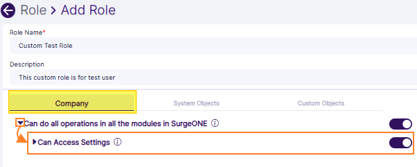 View of the expanding permission category after clicking on the left arrow icon against Can do all operations in all the modules in SurgeONE