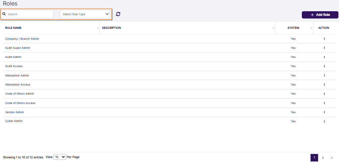 Search bar and role type selection filter along with the reset icon