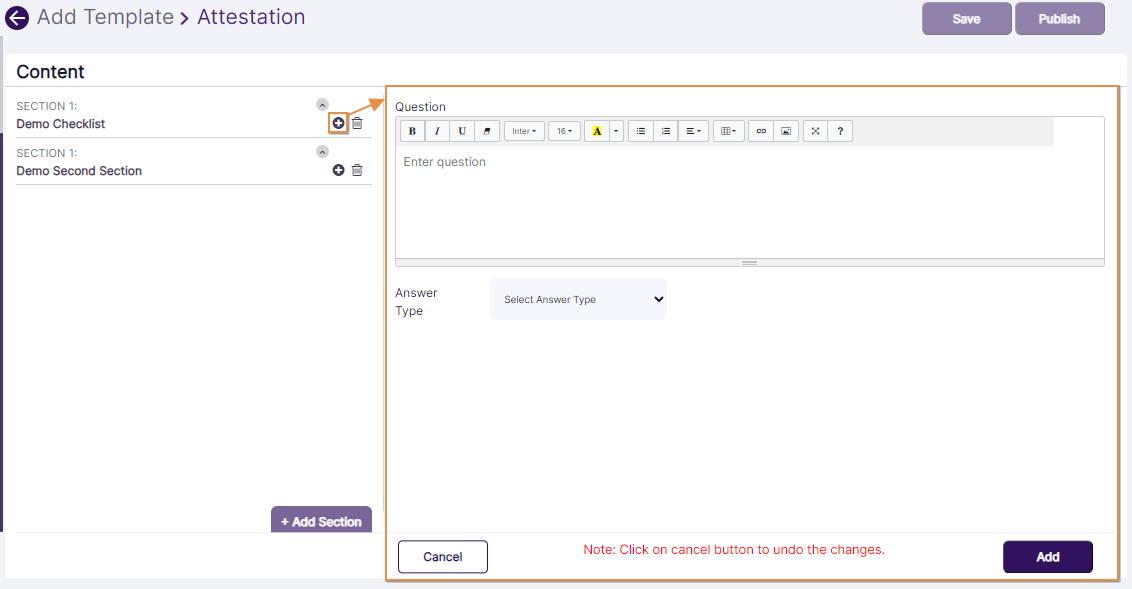 Rich text editor to create the new question to the selected section