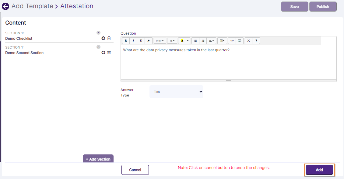 Add button to submit the custom question to the selected section